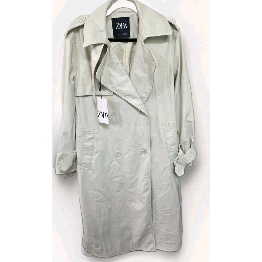 Zara Faux Leather Trench Coat Off White Ecru NWT 4369/041/712 Small